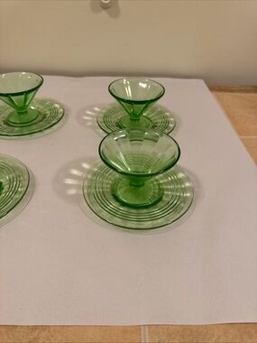 Set of 4 Vintage Sherbet Dessert Cups and Plates Depression Green Uranium Glass